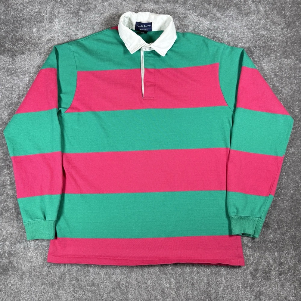 Vintage Gant Rugger Rugby Shirt Men's XL Green Pink Striped Long Sleeve USA Made
